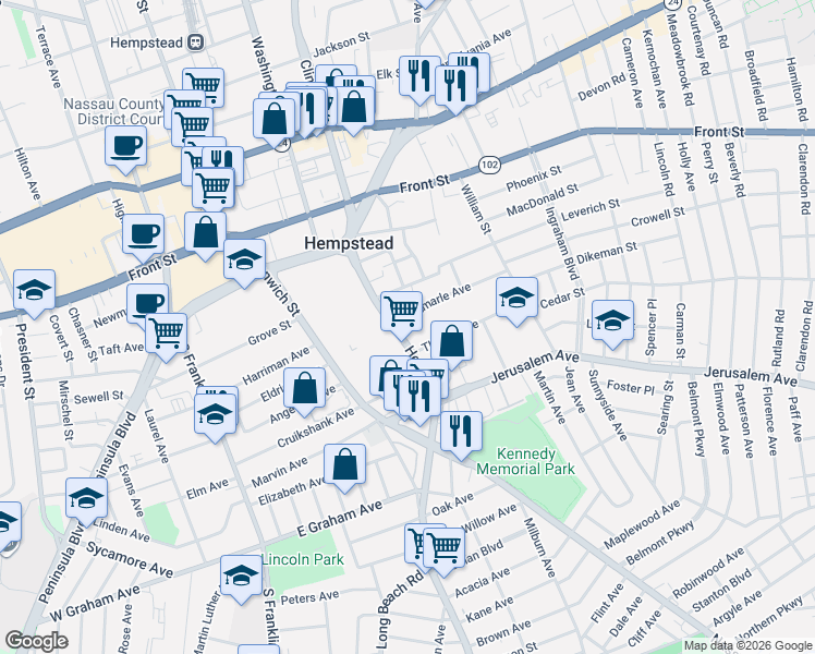 map of restaurants, bars, coffee shops, grocery stores, and more near 114 Henry Street in Hempstead