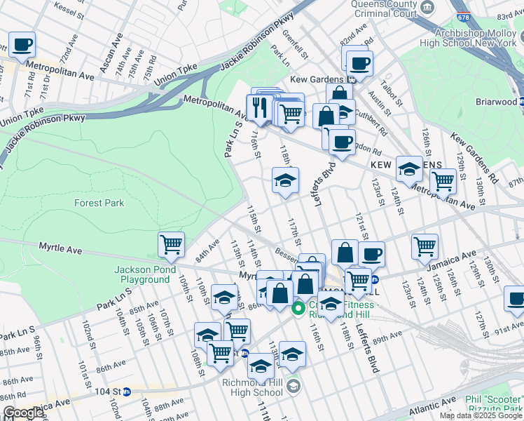 map of restaurants, bars, coffee shops, grocery stores, and more near 8386 116th Street in Queens