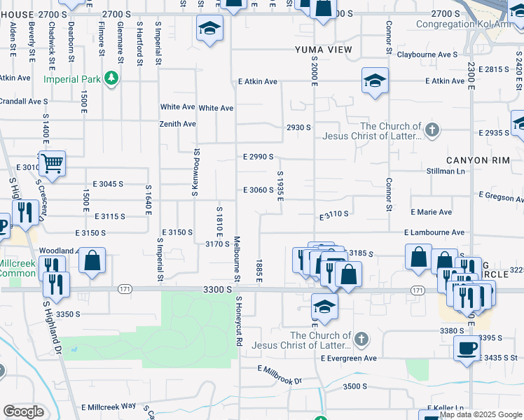 map of restaurants, bars, coffee shops, grocery stores, and more near 3094 South Cherise Circle in Salt Lake City