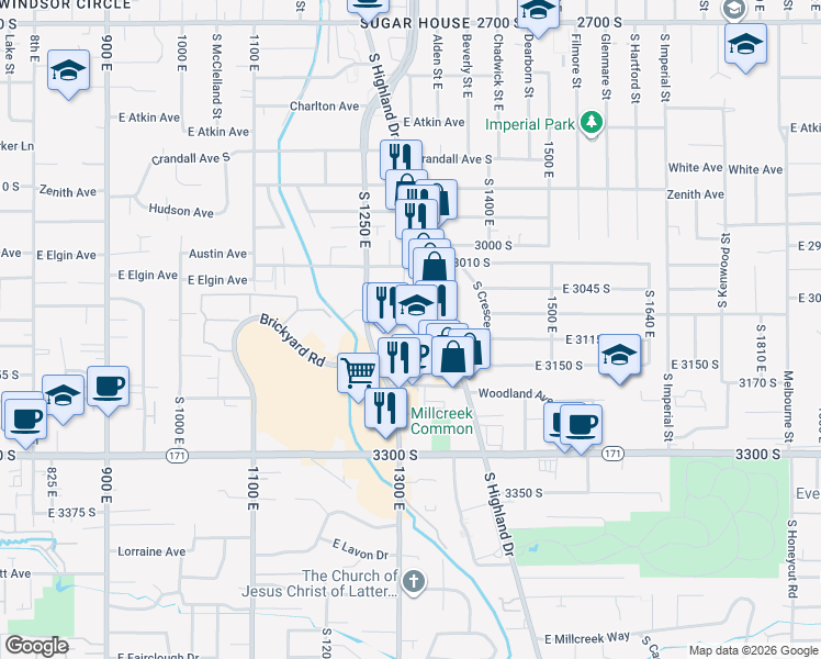 map of restaurants, bars, coffee shops, grocery stores, and more near 1315 Gunn Avenue in Salt Lake City