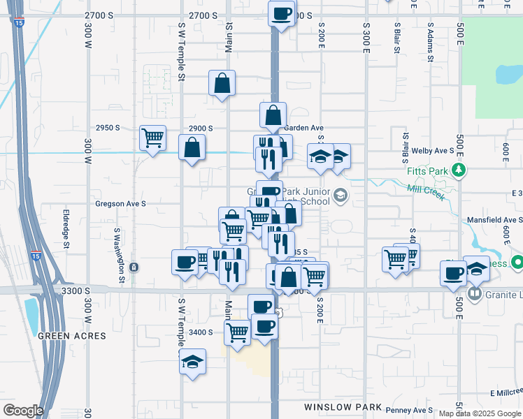 map of restaurants, bars, coffee shops, grocery stores, and more near 3079 South Main Street in South Salt Lake