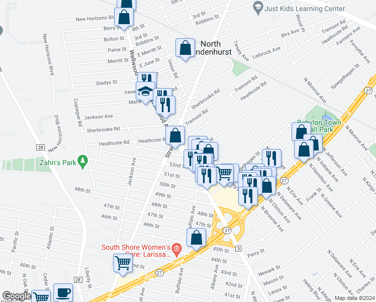 map of restaurants, bars, coffee shops, grocery stores, and more near 690 Wellwood Avenue in Lindenhurst