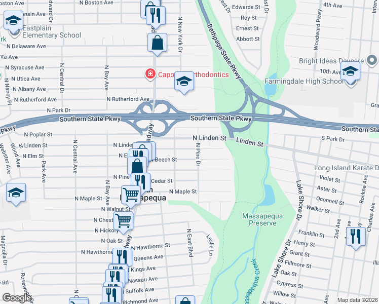 map of restaurants, bars, coffee shops, grocery stores, and more near 173 North Elm Street in Massapequa