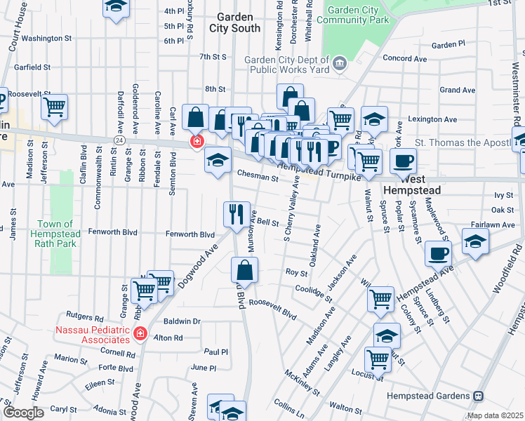 map of restaurants, bars, coffee shops, grocery stores, and more near 514 Maxwell Street in West Hempstead