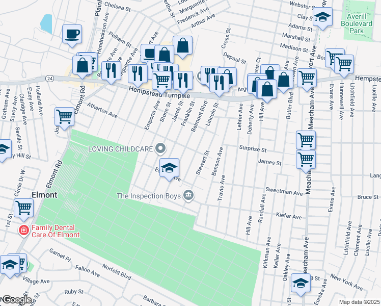 map of restaurants, bars, coffee shops, grocery stores, and more near 1587 Atherton Avenue in Elmont