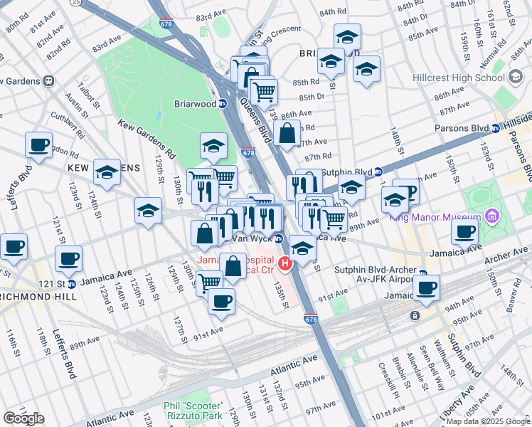 map of restaurants, bars, coffee shops, grocery stores, and more near in Queens