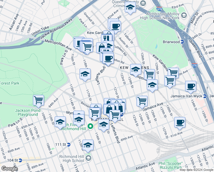 map of restaurants, bars, coffee shops, grocery stores, and more near 84-25 120th Street in Queens