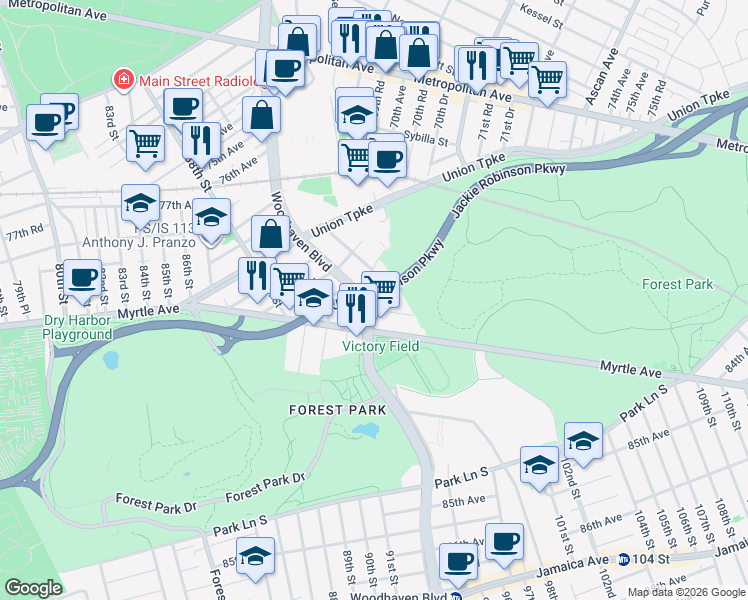 map of restaurants, bars, coffee shops, grocery stores, and more near 81-61 Woodhaven Boulevard in Queens
