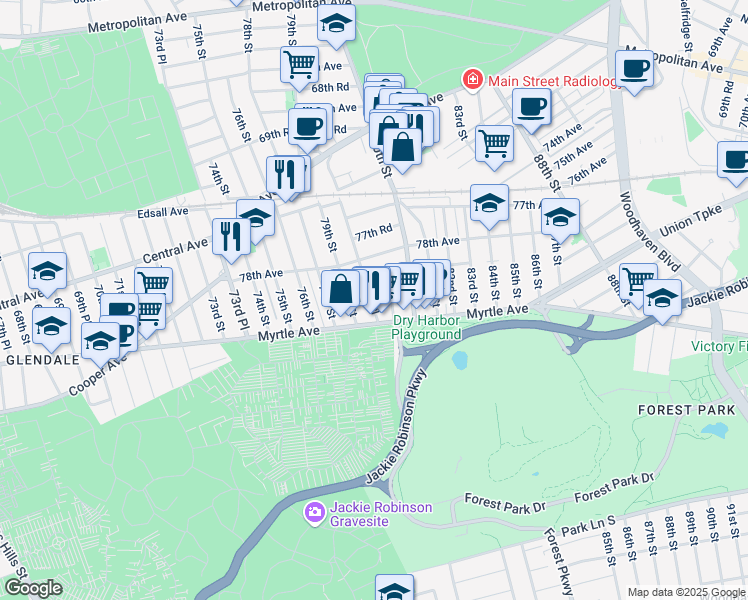 map of restaurants, bars, coffee shops, grocery stores, and more near 78-30 79th Place in Queens
