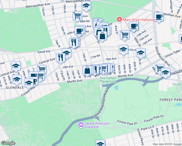 map of restaurants, bars, coffee shops, grocery stores, and more near 78-30 79th Place in Queens