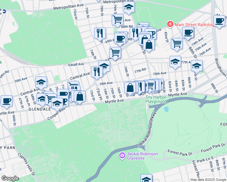 map of restaurants, bars, coffee shops, grocery stores, and more near 78-16 76th Street in Queens