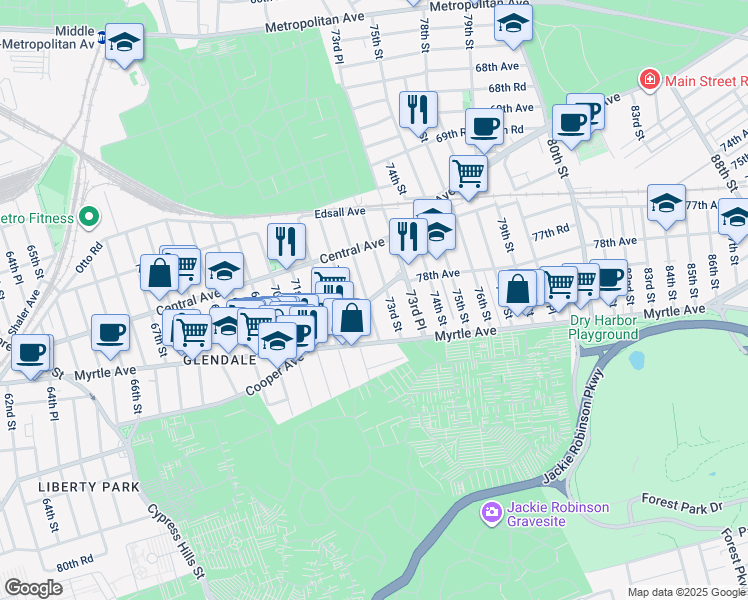 map of restaurants, bars, coffee shops, grocery stores, and more near 71-43 72nd Place in Queens