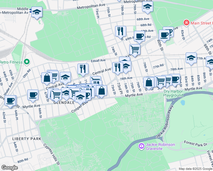map of restaurants, bars, coffee shops, grocery stores, and more near 71-43 72nd Place in Queens