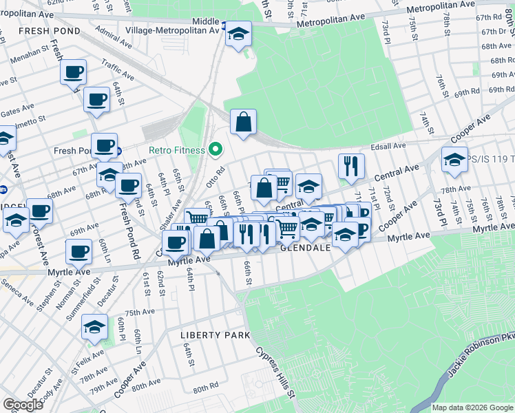 map of restaurants, bars, coffee shops, grocery stores, and more near 70-20 67th Place in Queens