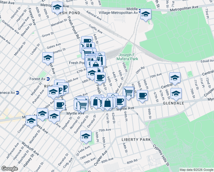 map of restaurants, bars, coffee shops, grocery stores, and more near 6865 Fresh Pond Road in Queens