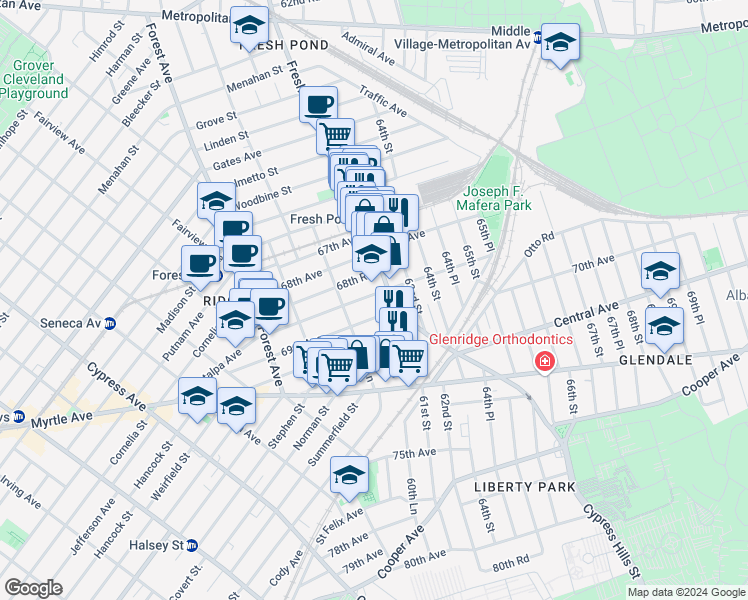 map of restaurants, bars, coffee shops, grocery stores, and more near 68-39 Fresh Pond Road in Queens