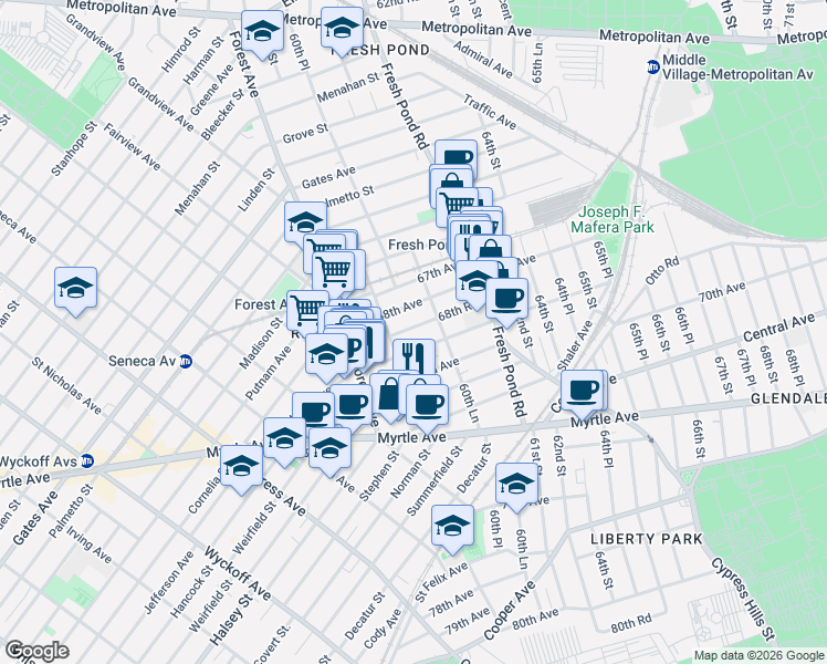 map of restaurants, bars, coffee shops, grocery stores, and more near 60-27 68th Road in Queens