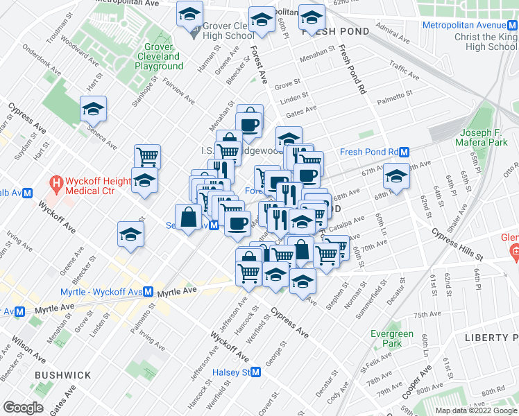 map of restaurants, bars, coffee shops, grocery stores, and more near 18-84 Woodbine Street in Queens