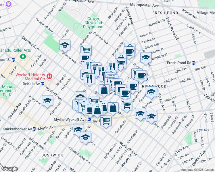map of restaurants, bars, coffee shops, grocery stores, and more near 6-05 Seneca Avenue in Queens