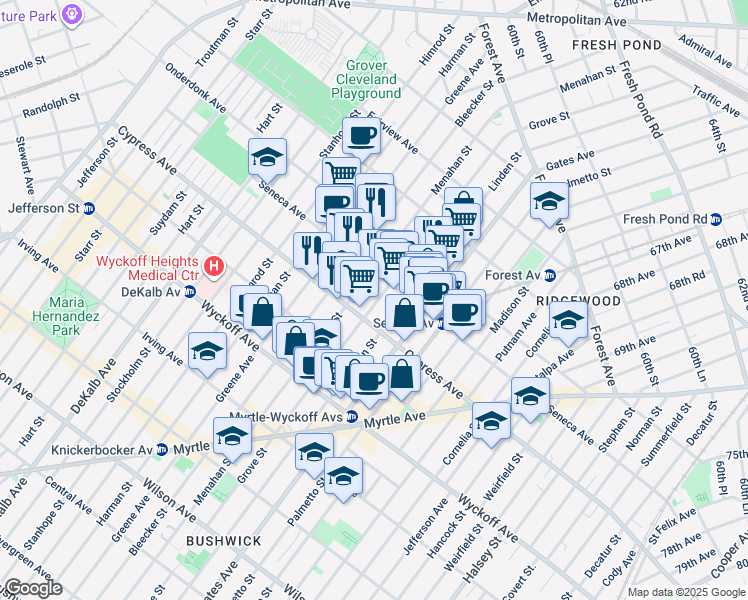 map of restaurants, bars, coffee shops, grocery stores, and more near 17-38 Menahan Street in Queens