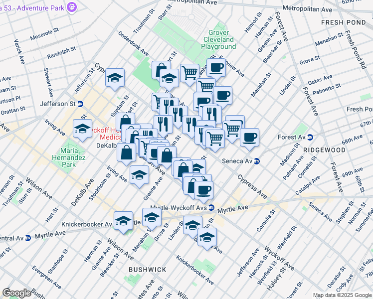 map of restaurants, bars, coffee shops, grocery stores, and more near 1519 Greene Avenue in Brooklyn