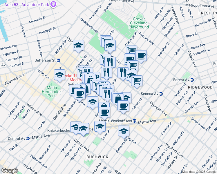 map of restaurants, bars, coffee shops, grocery stores, and more near 187 Saint Nicholas Avenue in Brooklyn