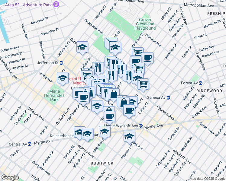 map of restaurants, bars, coffee shops, grocery stores, and more near 187 Saint Nicholas Avenue in Brooklyn