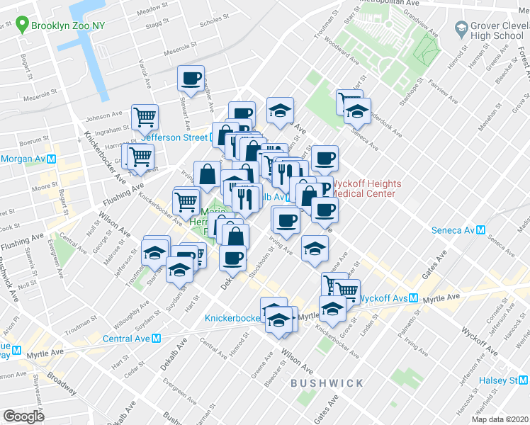 map of restaurants, bars, coffee shops, grocery stores, and more near in Brooklyn