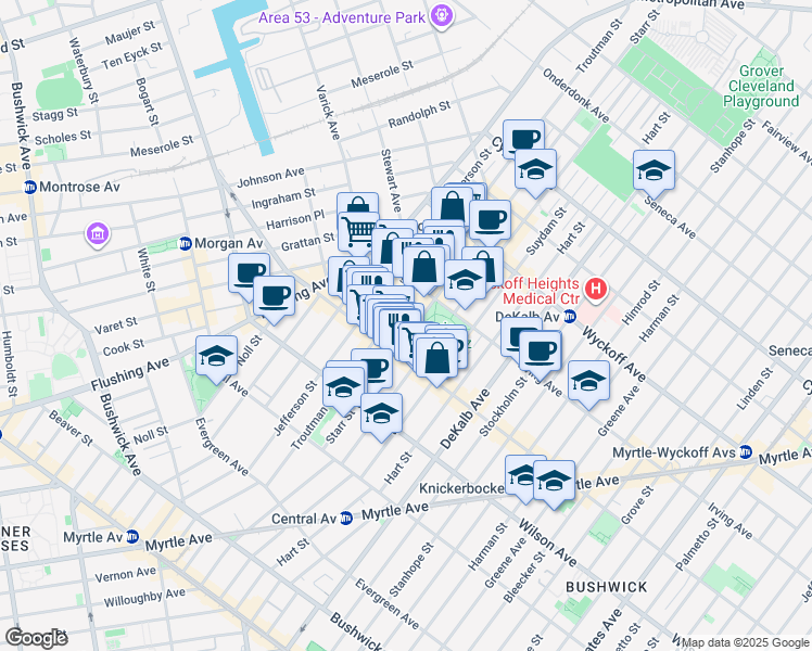 map of restaurants, bars, coffee shops, grocery stores, and more near 163 Starr Street in Brooklyn