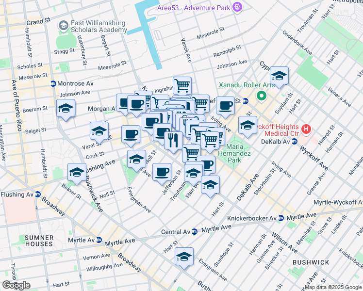 map of restaurants, bars, coffee shops, grocery stores, and more near 139 George Street in Brooklyn