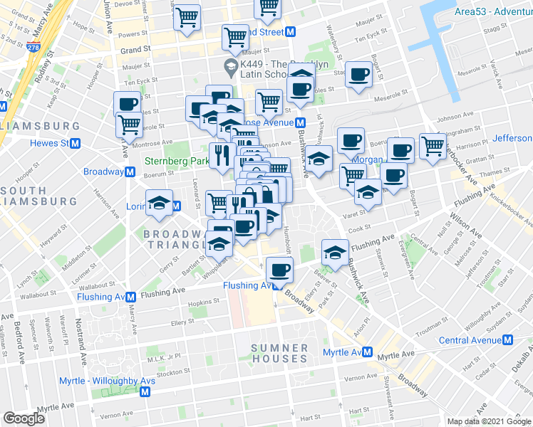 map of restaurants, bars, coffee shops, grocery stores, and more near 69 Moore Street in Brooklyn