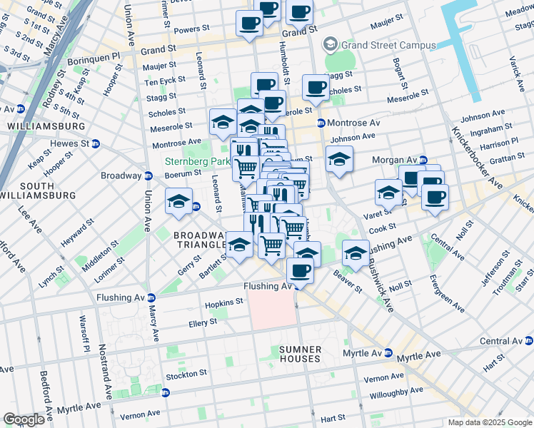 map of restaurants, bars, coffee shops, grocery stores, and more near 69 Moore Street in Brooklyn