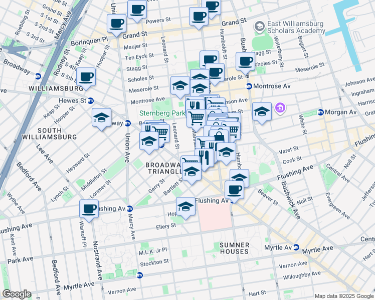 map of restaurants, bars, coffee shops, grocery stores, and more near 29 Leonard Street in Brooklyn