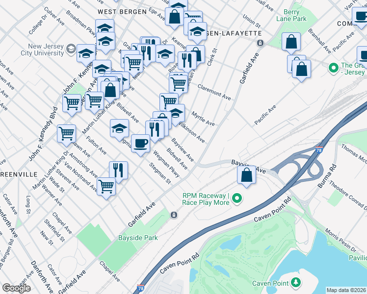 map of restaurants, bars, coffee shops, grocery stores, and more near 46 Arlington Avenue in Jersey City