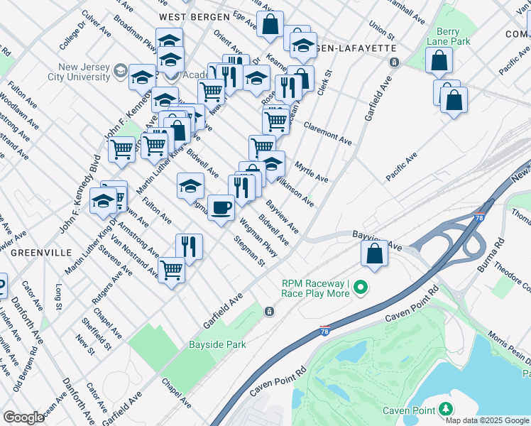 map of restaurants, bars, coffee shops, grocery stores, and more near 65 Bayview Avenue in Jersey City