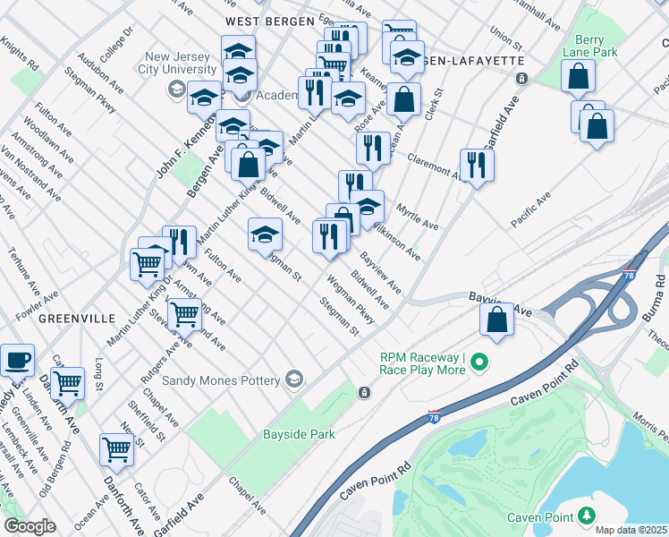 map of restaurants, bars, coffee shops, grocery stores, and more near 507-523 Ocean Avenue in Jersey City