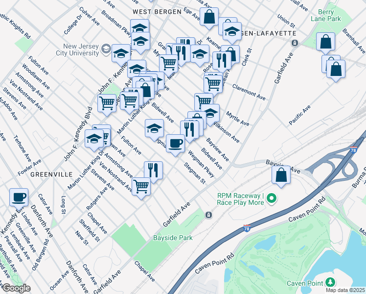 map of restaurants, bars, coffee shops, grocery stores, and more near 507-523 Ocean Avenue in Jersey City