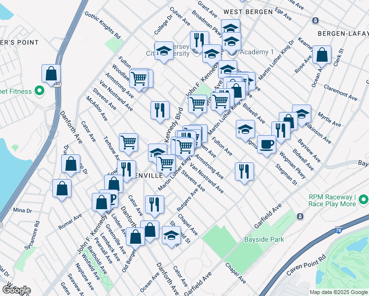 map of restaurants, bars, coffee shops, grocery stores, and more near 189 Woodlawn Avenue in Jersey City