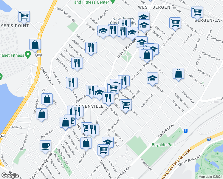map of restaurants, bars, coffee shops, grocery stores, and more near 12 Bergen Avenue in Jersey City
