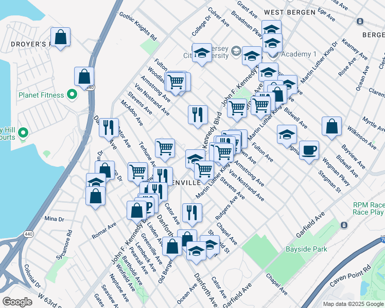 map of restaurants, bars, coffee shops, grocery stores, and more near 262 Fowler Avenue in Jersey City