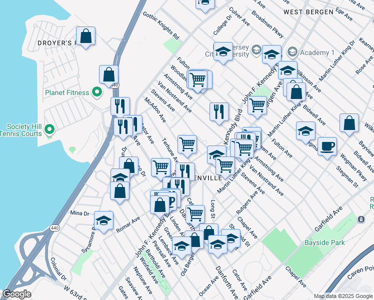 map of restaurants, bars, coffee shops, grocery stores, and more near 130 McAdoo Avenue in Jersey City
