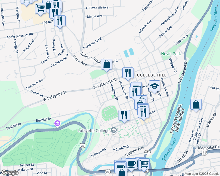 map of restaurants, bars, coffee shops, grocery stores, and more near 719 Hamilton Street in Easton