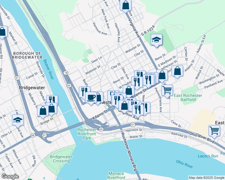 map of restaurants, bars, coffee shops, grocery stores, and more near 387 Connecticut Avenue in Rochester