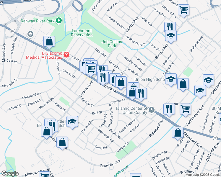 map of restaurants, bars, coffee shops, grocery stores, and more near 2600 Morris Avenue in Union