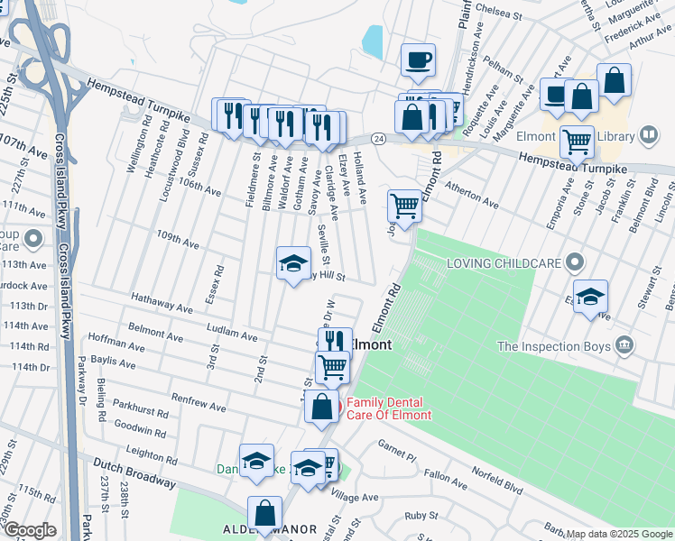 map of restaurants, bars, coffee shops, grocery stores, and more near 142 Claridge Avenue in Elmont