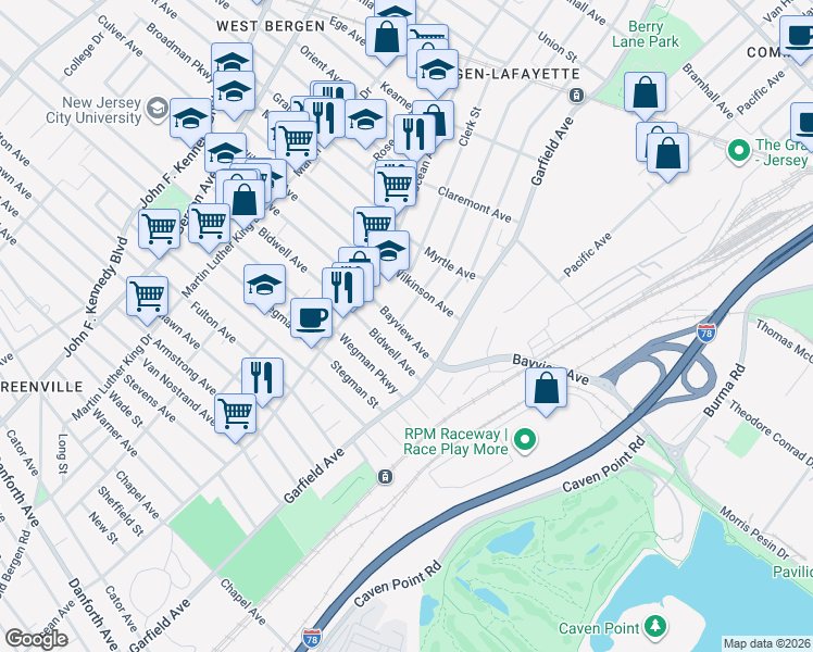 map of restaurants, bars, coffee shops, grocery stores, and more near 46 Arlington Avenue in Jersey City
