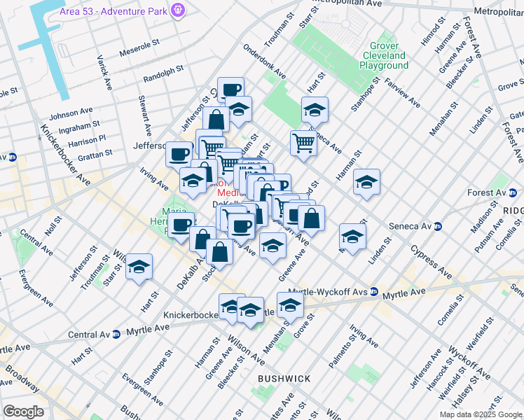 map of restaurants, bars, coffee shops, grocery stores, and more near 116 Wyckoff Avenue in Brooklyn