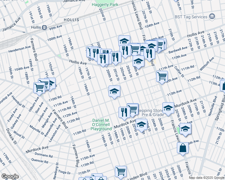 map of restaurants, bars, coffee shops, grocery stores, and more near 200-06 111th Avenue in Queens