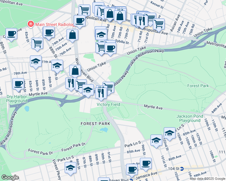 map of restaurants, bars, coffee shops, grocery stores, and more near 90-30 82nd Road in Queens