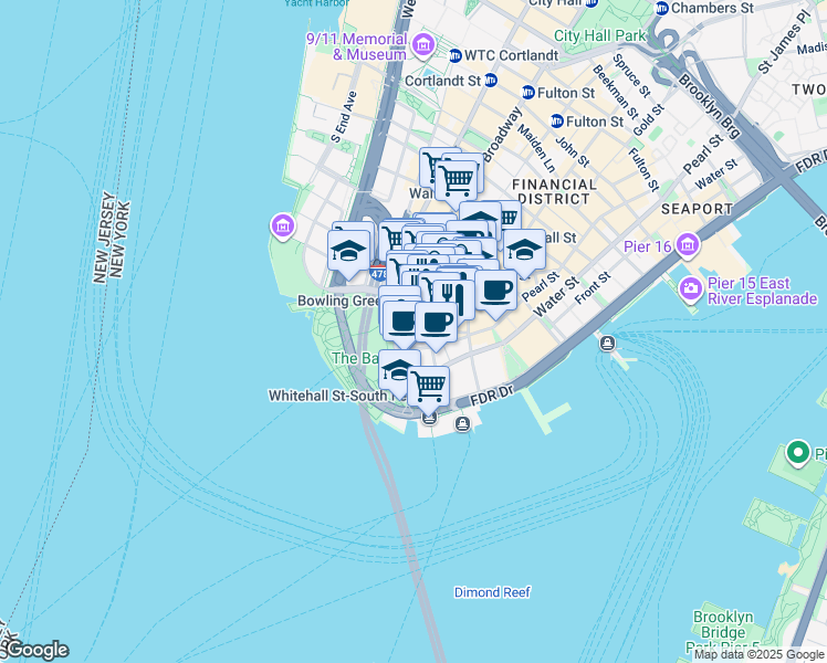 map of restaurants, bars, coffee shops, grocery stores, and more near 2 Broadway in New York
